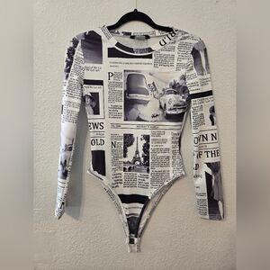 CHICME Monochrome Newspaper Print Bodysuit Stretch